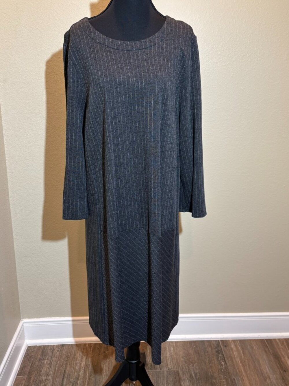 J.Jill Ponte Gray White Pinstripe Long Sleeve Drop Waist Dress Size XL